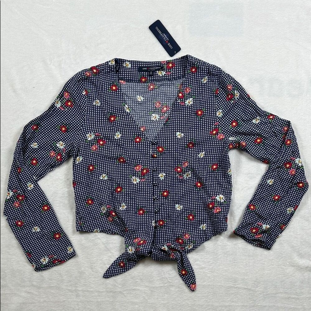 One Clothing Tie Blouse Small Navy Gingham Floral Crop Button Up Cottagecore Y2K